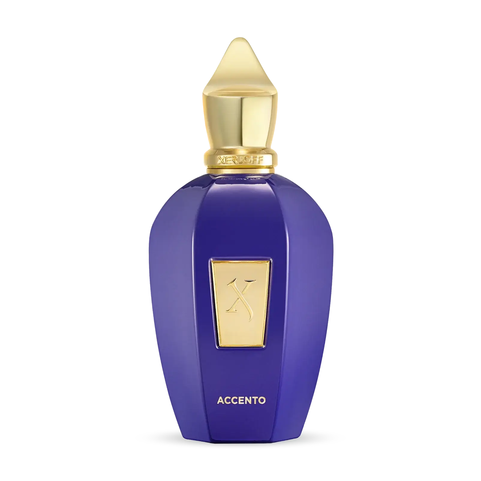Xerjoff Accento Eau de Parfum in a luxurious purple bottle with a gold cap, showcasing its unique design.