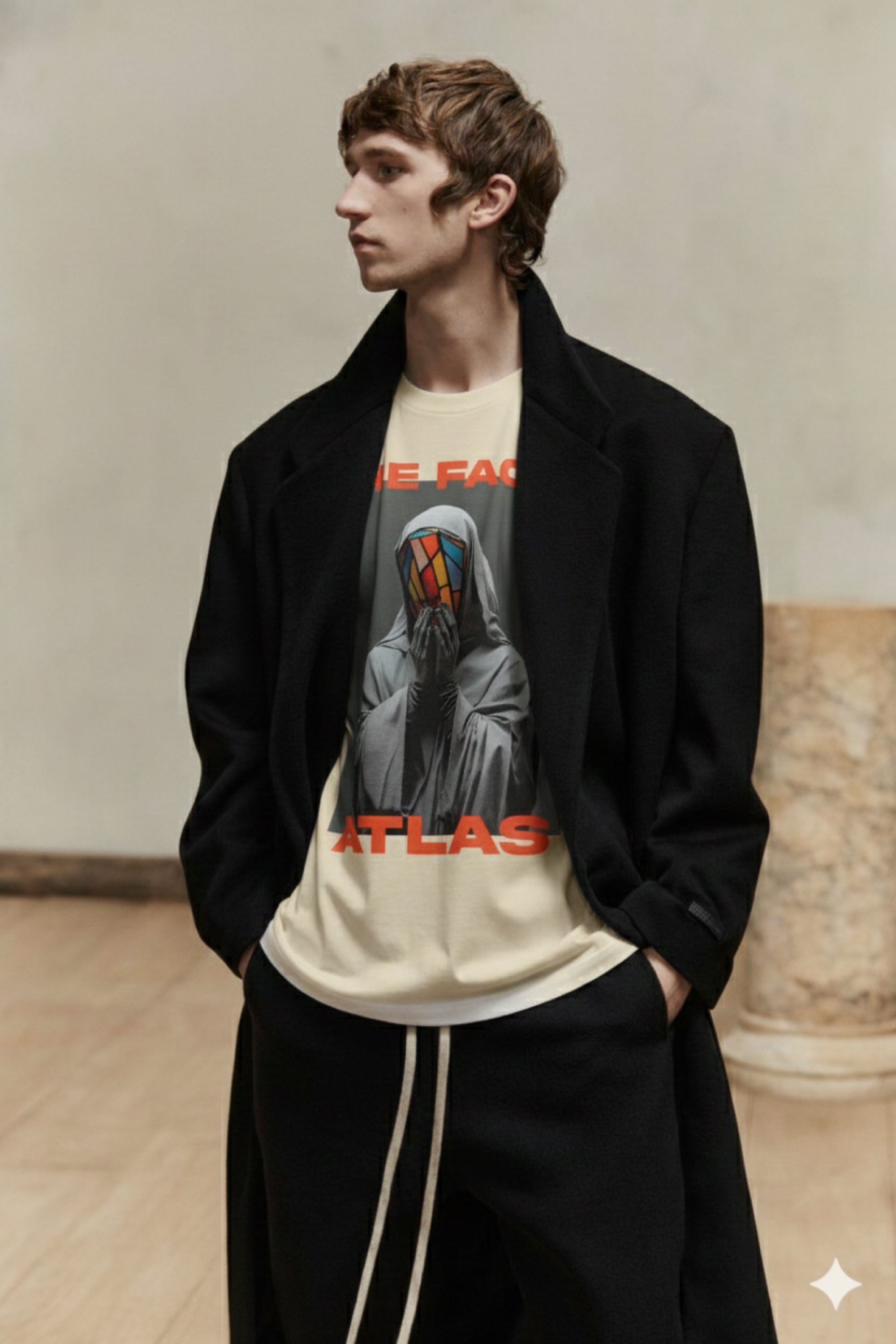 T-Shirt Boxy Fit 280GSM Beige – Masque Vitrail « Le Visage en Éclats »