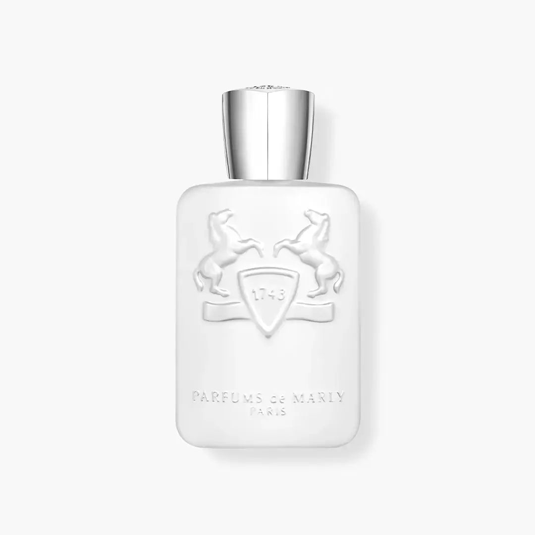 Galloway perfume bottle by Parfums de Marly, featuring a white design and embossed horses logo.