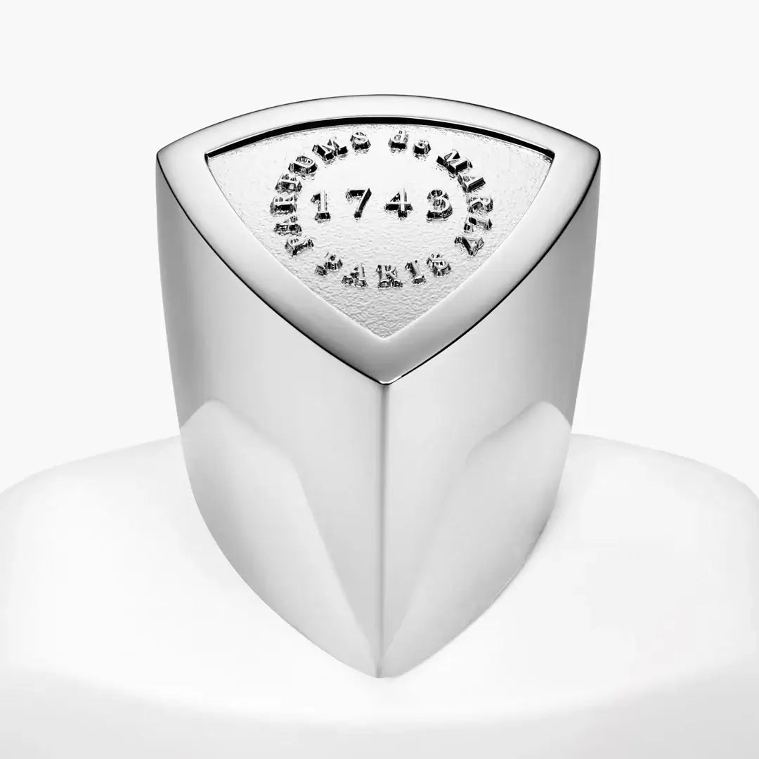 Galloway silver ring with triangular design and engraved 1742 on top, showcasing a modern and elegant style.
