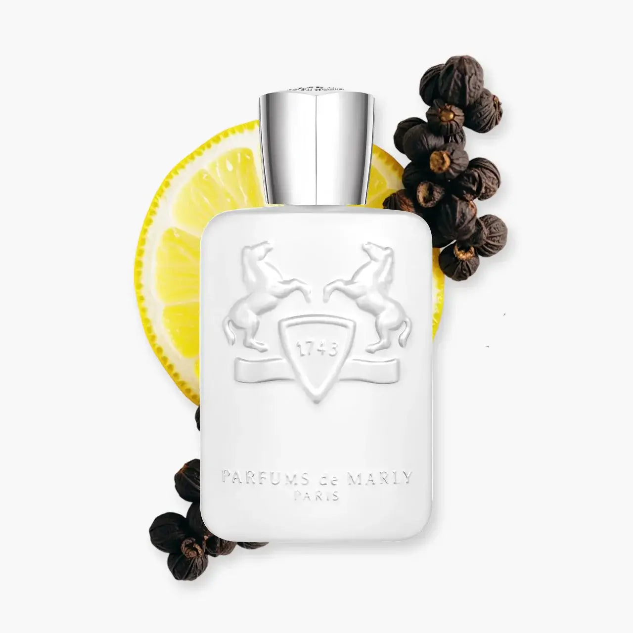 Galloway parfum de Marly bottle with lemon and spices, showcasing woody-spicy fragrance notes.