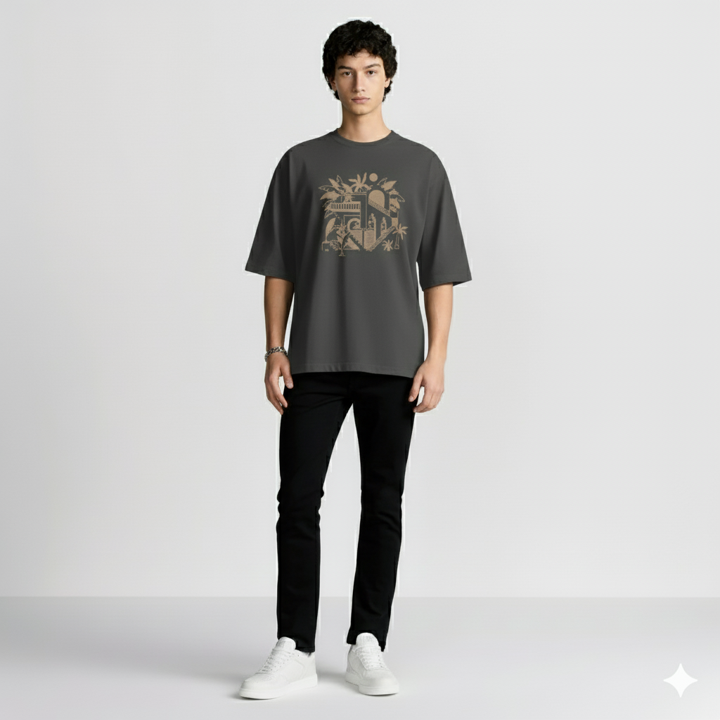 T-shirt Oversize Brodé – Architecture Tropicale en Coton Lourd 425GSM