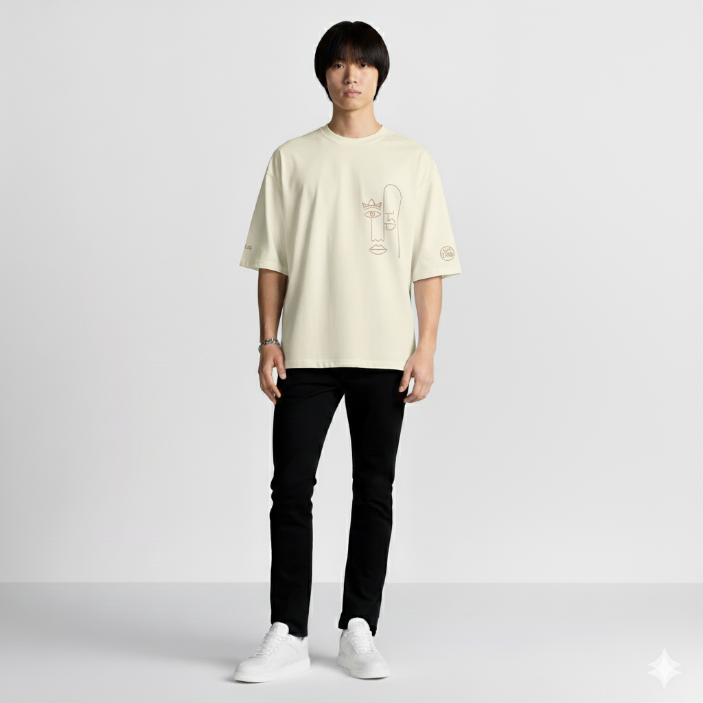T-shirt Oversize Brodé – Visages Abstraits en Coton Lourd 425GSM