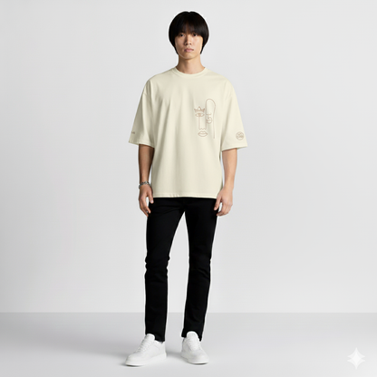 T-shirt Oversize Brodé – Visages Abstraits en Coton Lourd 425GSM
