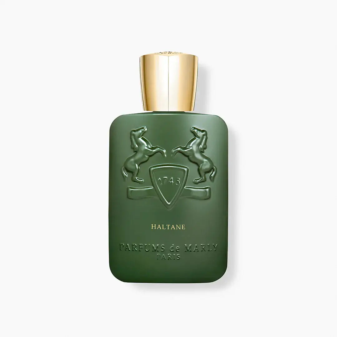 boisé aromatique parfum Haltane in a green bottle with golden cap, featuring stylish horse design.