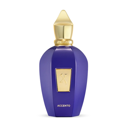 Xerjoff Accento Eau de Parfum in a luxurious purple bottle with a gold cap, showcasing its unique design.
