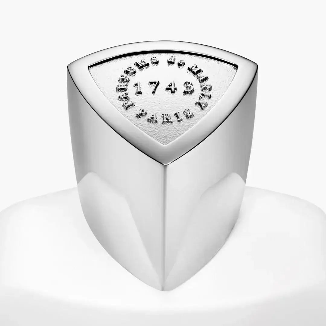 Galloway silver ring with triangular design and engraved 1742 on top, showcasing a modern and elegant style.