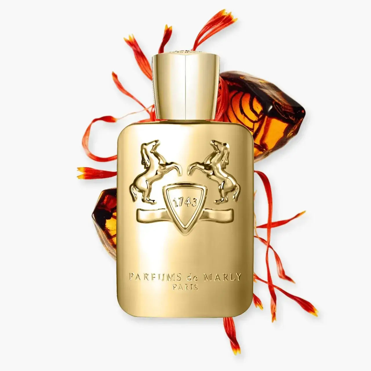 Godolphin perfume bottle with gold design and horse emblem, showcasing elegance and luxury.
