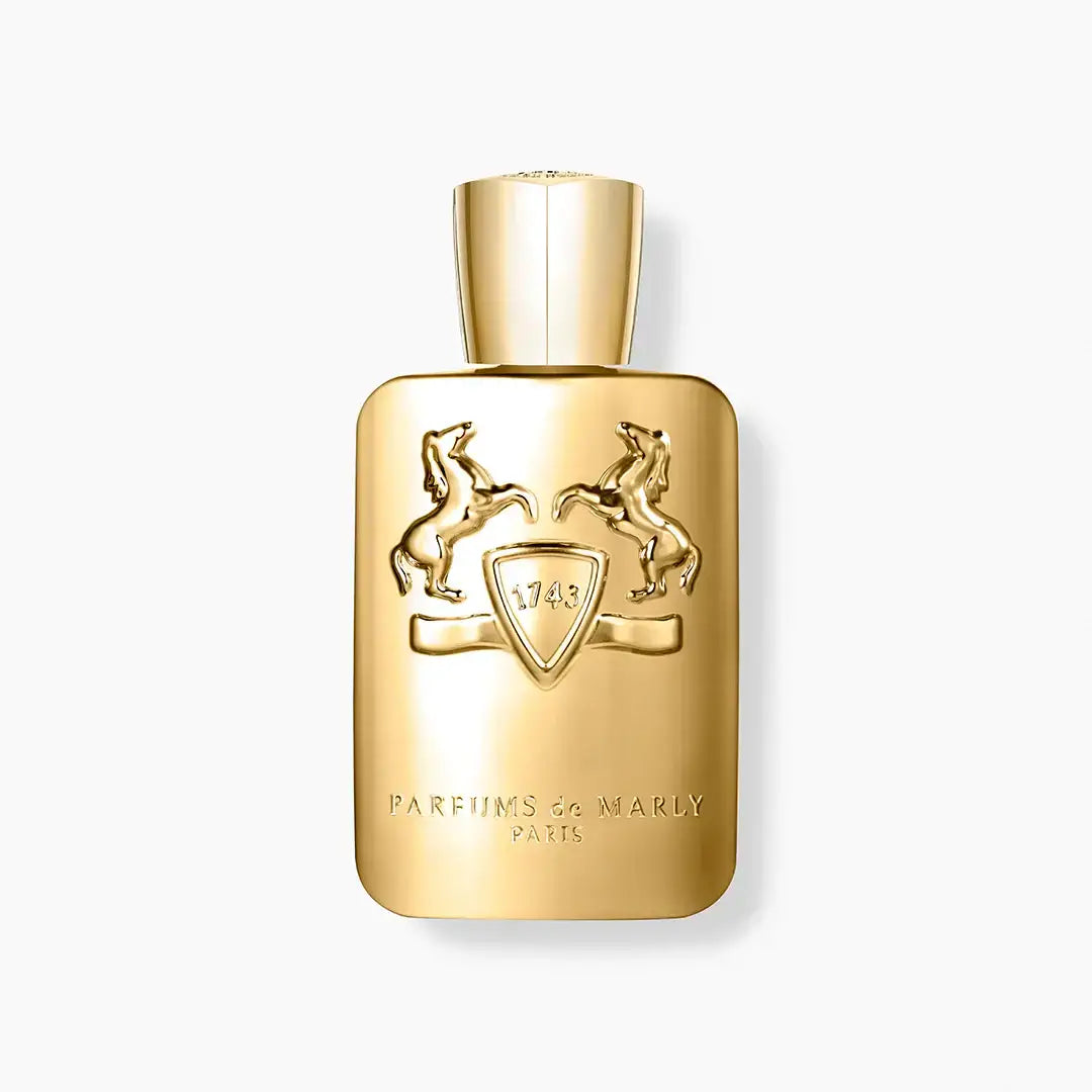 Godolphin leather fragrance in an elegant gold bottle by Parfums de Marly, showcasing its luxurious design.