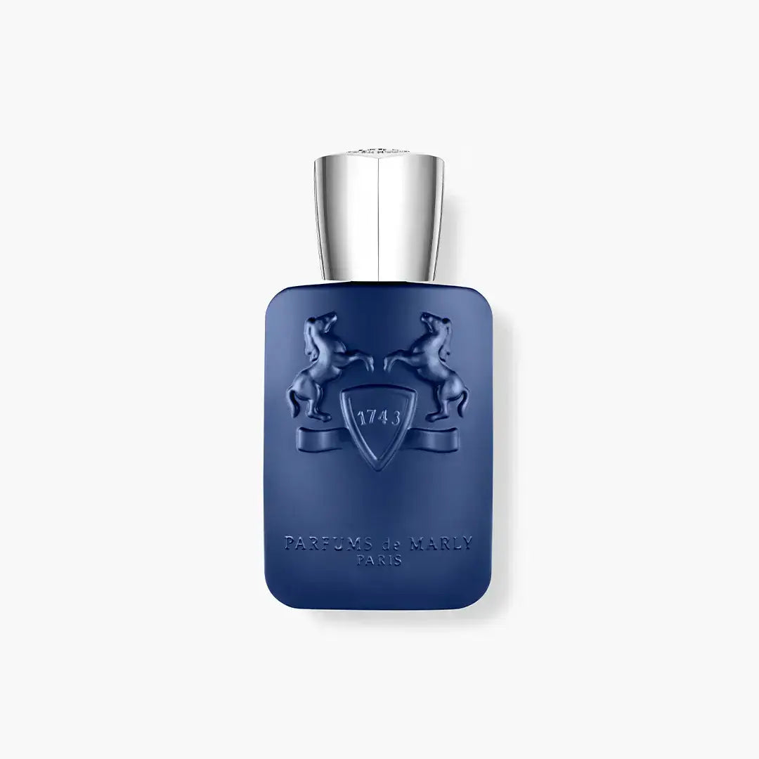 PERCIVAL Eau de Parfum by Parfums de Marly in a sophisticated blue bottle featuring horse emblems.