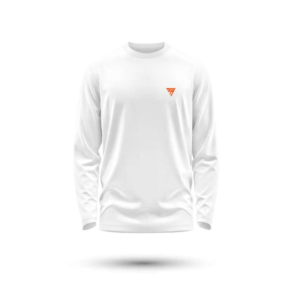 T-shirt manches longues berkane blanc 220g avec petit logo triangulaire orange sur la poitrine gauche
