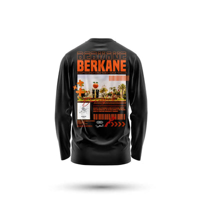 T-shirt manches longues 220g berkane noir avec grand imprimé graphique orange et blanc au dos featuring texte et scène illustrée