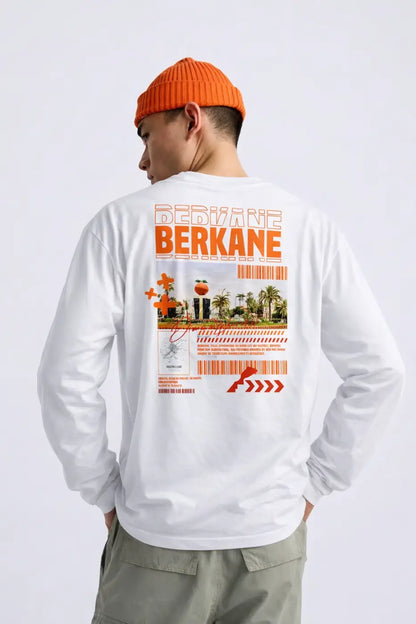 T-shirt manches longues blanc 220g berkane avec imprimé orange graphique palmier et éléments code-barres