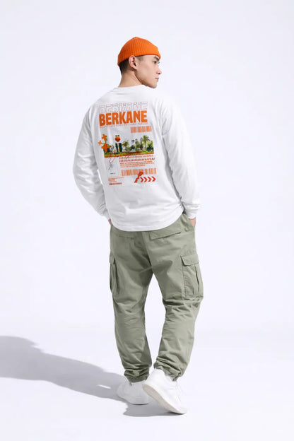 T-shirt manches longues blanc 220g avec print orange et texte berkane au dos