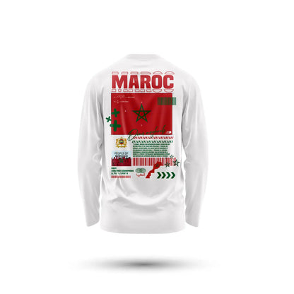 T-shirt manches longues 220g maroc blanc avec graphique audacieux drapeau marocain dos rouge vert et or