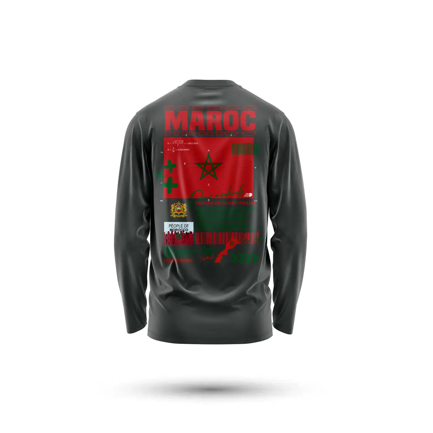 T-shirt manches longues 220g noir avec graphique détaillé du drapeau marocain rouge et vert et texte maroc en bold