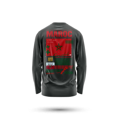 T-shirt manches longues 220g noir avec graphique détaillé du drapeau marocain rouge et vert et texte maroc en bold