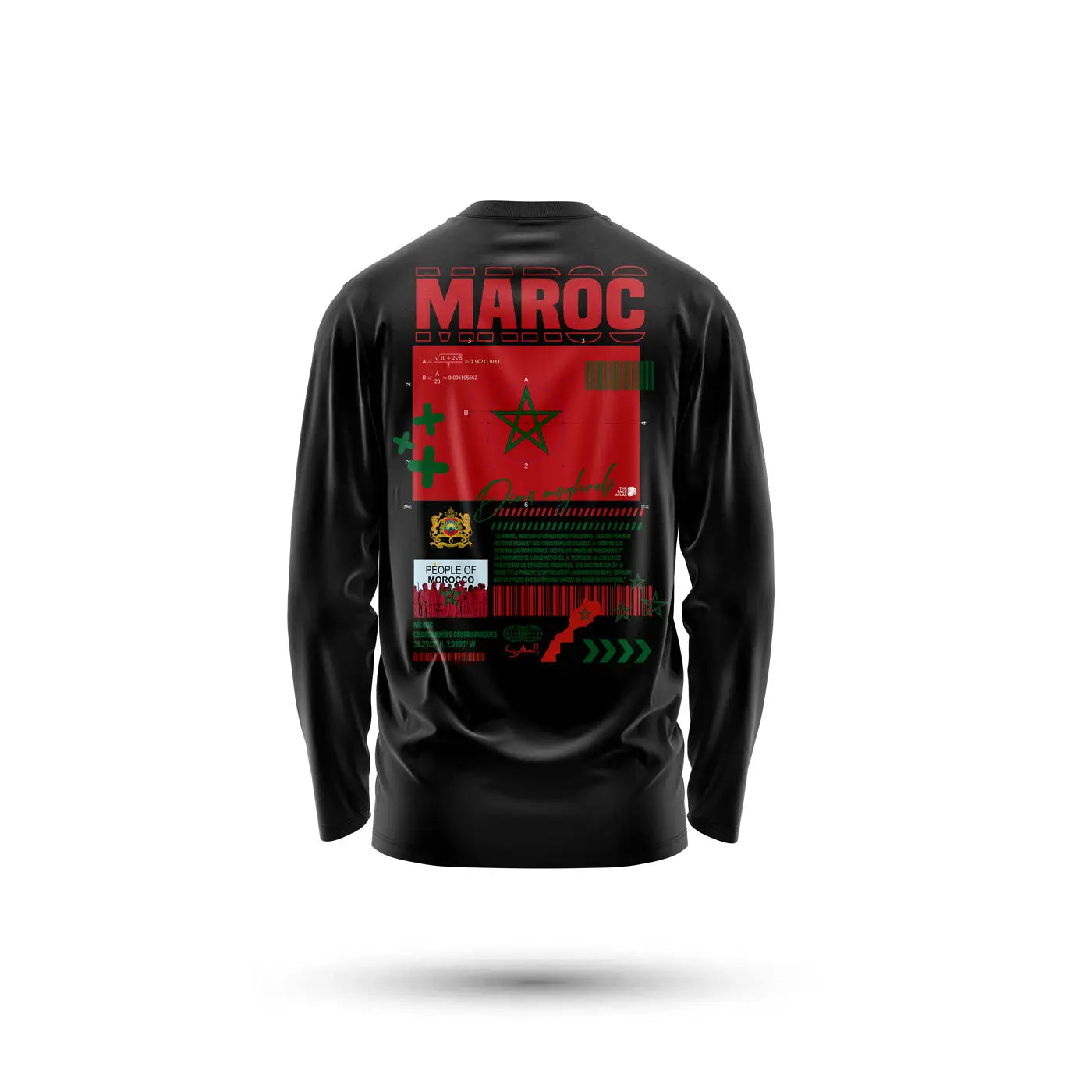 T-shirt manches longues 220g maroc noir avec un grand graphisme du drapeau marocain rouge vert et or au dos