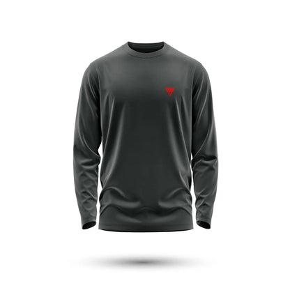 T-shirt manches longues 220g maroc gris foncé avec logo triangle rouge sur la poitrine en coton