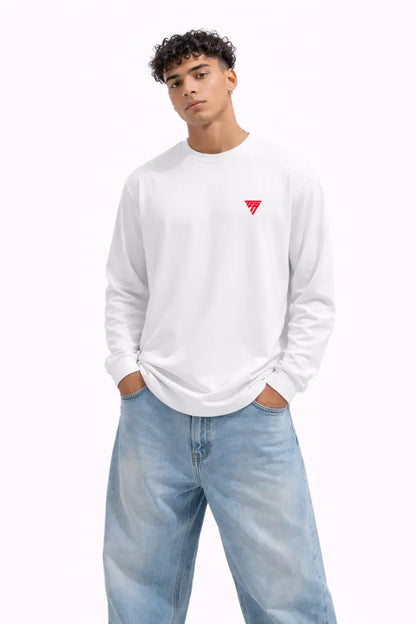 Sweatshirt blanc manches longues col rond avec petit logo triangulaire rouge sur la poitrine t shirt manches longues 220g maroc