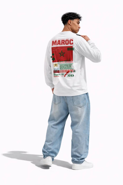 Vue arrière d’un t-shirt manches longues blanc 220g avec un grand drapeau marocain rouge et vert au dos