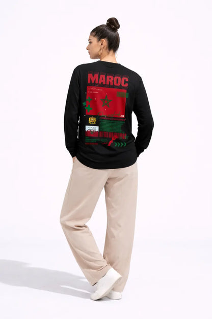 Sweatshirt manches longues noir 220g avec grand drapeau marocain rouge et vert et lettrage maroc au dos