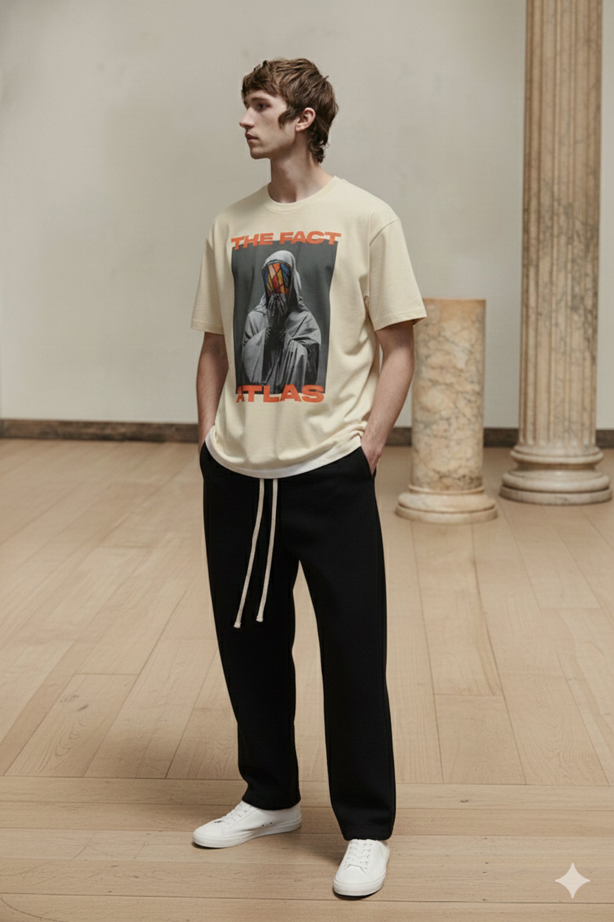 T-Shirt Boxy Fit 280GSM Beige – Masque Vitrail « Le Visage en Éclats »