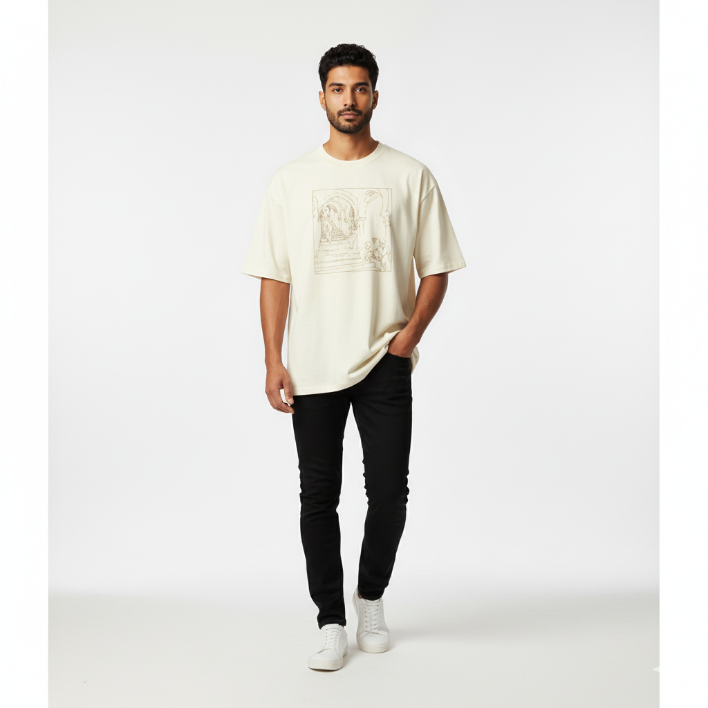 T-shirt Oversize Brodé – Escalier Patrimonial en Coton Lourd 425GSM