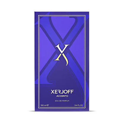Xerjoff Accento Eau de Parfum packaging in vibrant purple with stylish design, showcasing luxury fragrance.