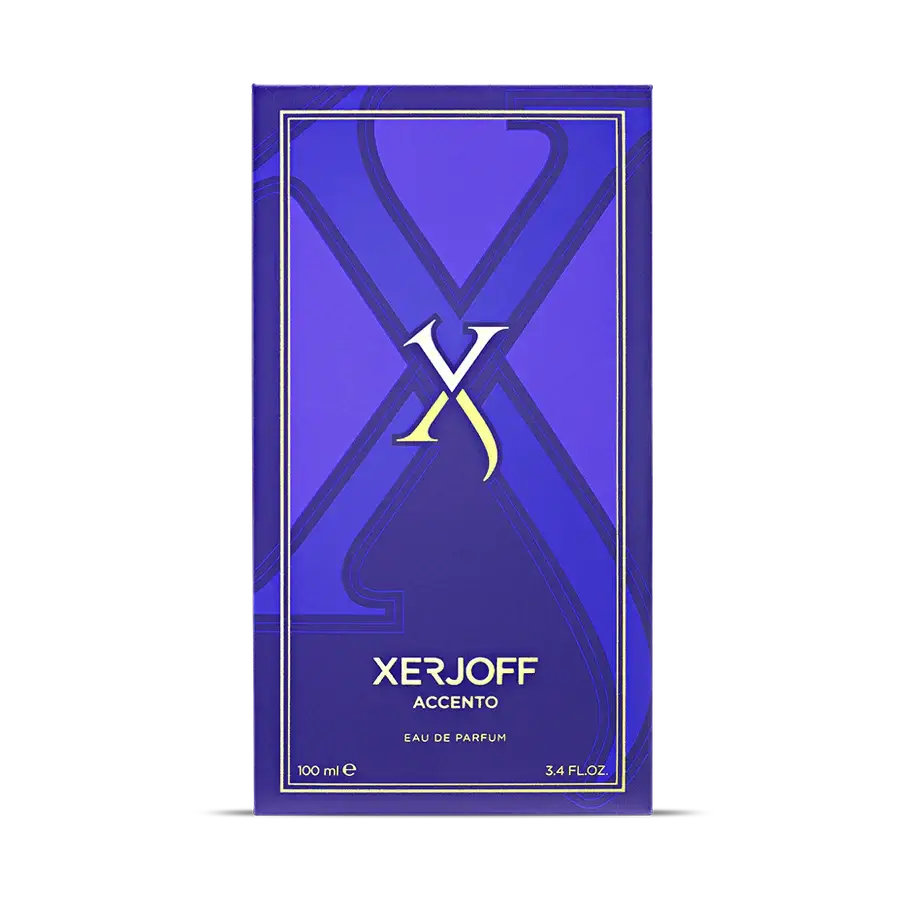 Xerjoff Accento Eau de Parfum packaging in vibrant purple with stylish design, showcasing luxury fragrance.