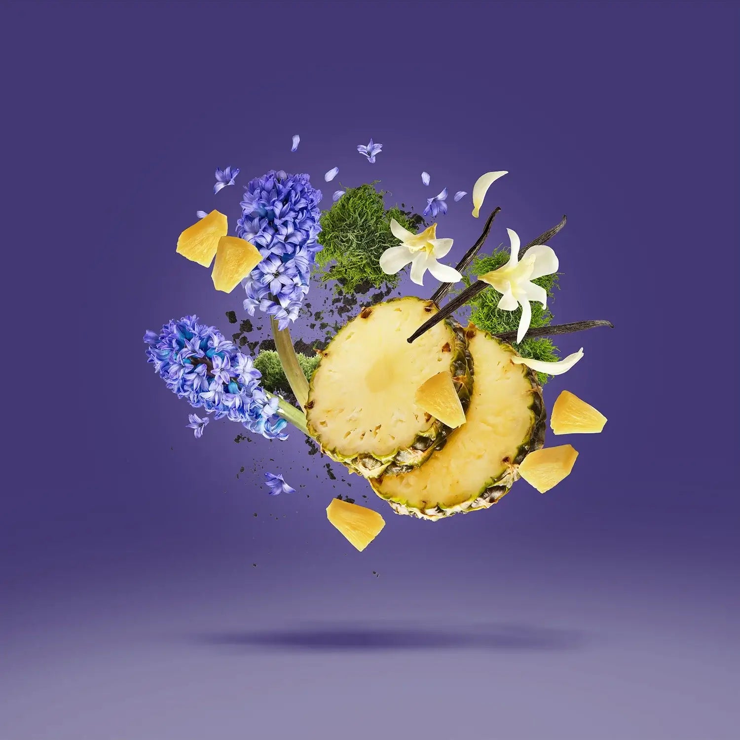 Xerjoff Accento Eau de Parfum with floral and tropical elements like pineapple, flowers, and herbs on a purple background.