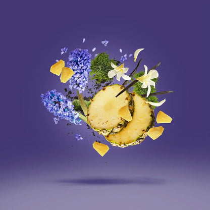 Xerjoff Accento Eau de Parfum with floral and tropical elements like pineapple, flowers, and herbs on a purple background.